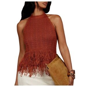 NWOT SweatyRocks Rust Crochet Fringe Halter Top Open Back Boho Large